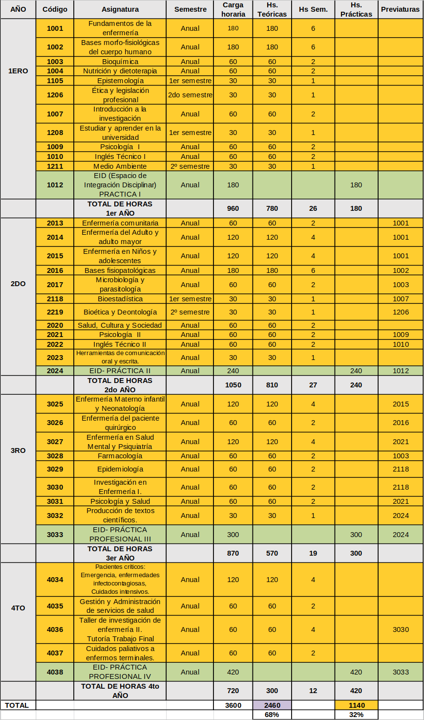 malla curricular Licenciatura en Enfermería